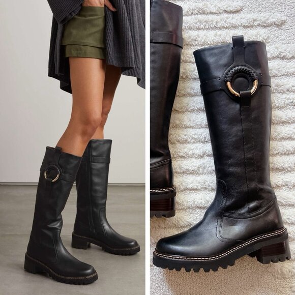 See By Chloé Shoes - See By Chloe Hana Harness Lug Sole Platform Side Zip Knee High Boots Black EU 37